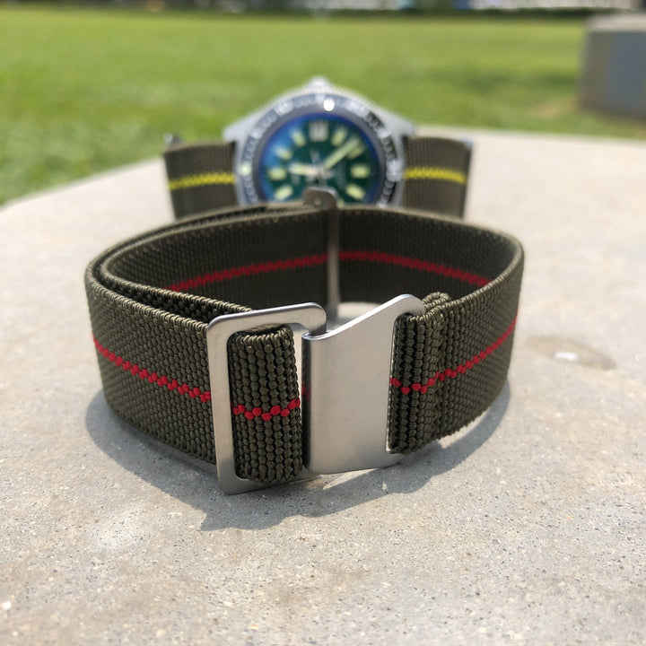 Olive Green with Red Line | French Navy Parachute Strap - Samurai Vintage Co.