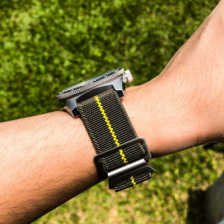 Olive Green with Yellow Line | French Navy Parachute Strap - Samurai Vintage Co.