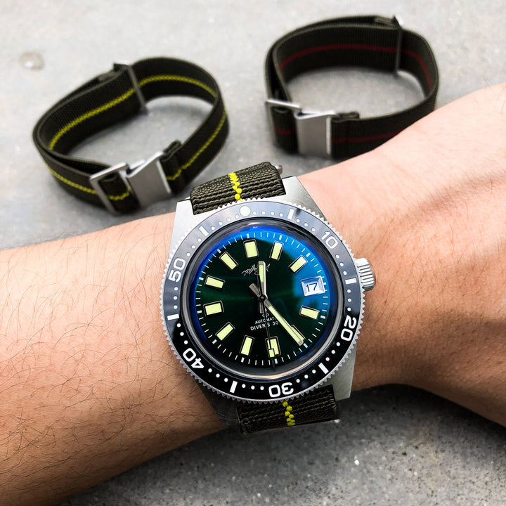 Olive Green with Yellow Line | French Navy Parachute Strap - Samurai Vintage Co.