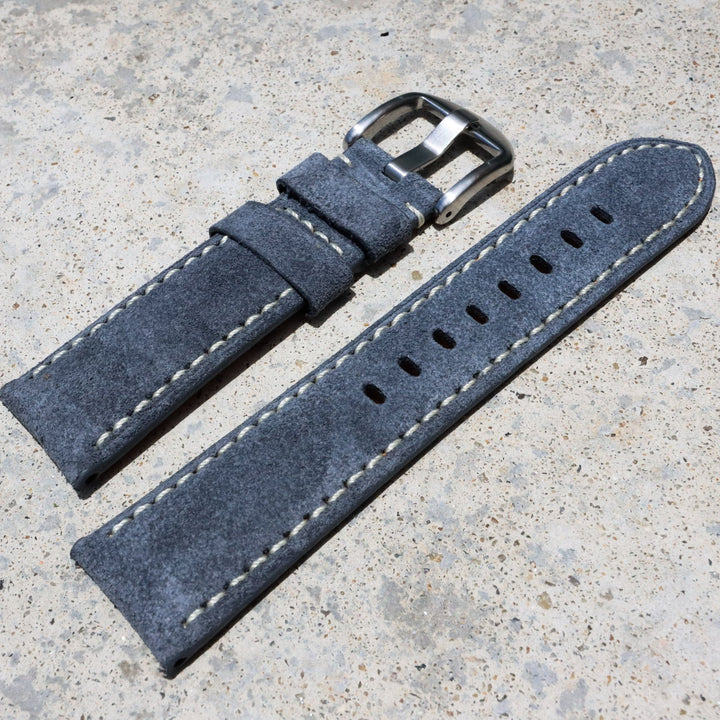 Shuttle Grey Suede w/ White Stitches | Calfskin Italian Leather Watch Strap - Samurai Vintage Co.